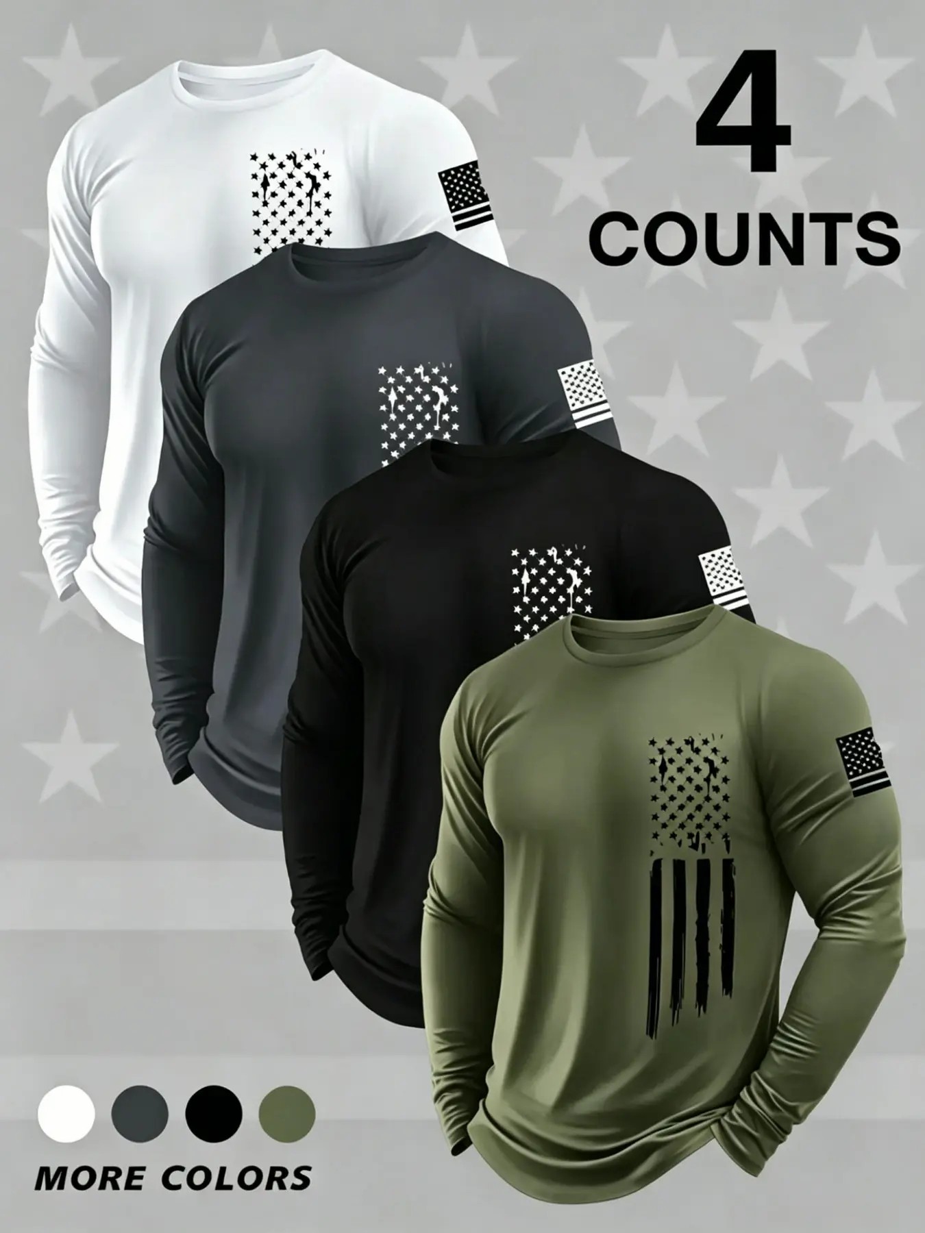 4-Pack Men's Flag Print Long Sleeve Shirts – Quick Dry Stretch Athletic Tops