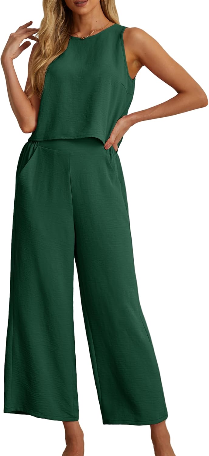 Women's Summer 2 Piece Outfits Set Round neck Sleeveless Tank Crop Top Wide Leg pants Set Pockets Jumpsuits