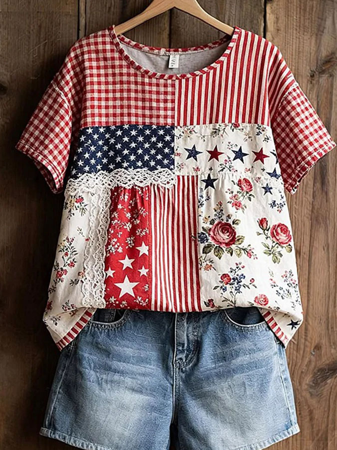 Women's Retro American Independence Day Commemorative Printed Round Neck Short Sleeve T-shirt