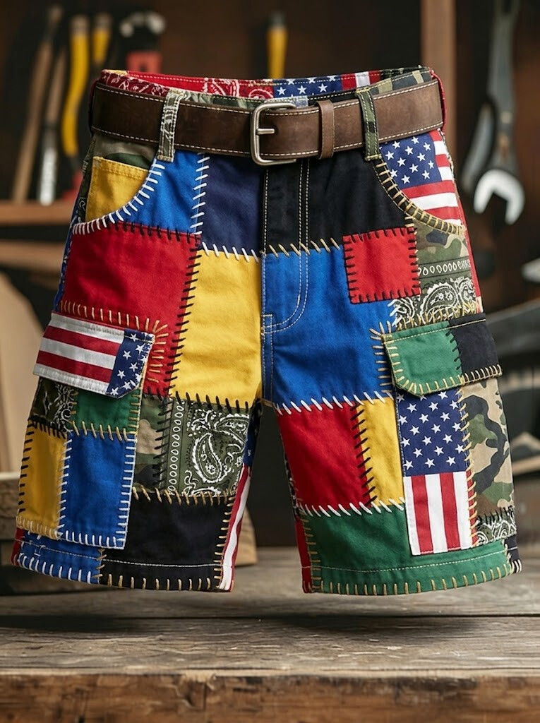 Men's American Flag Patchwork Art Print Casual Shorts