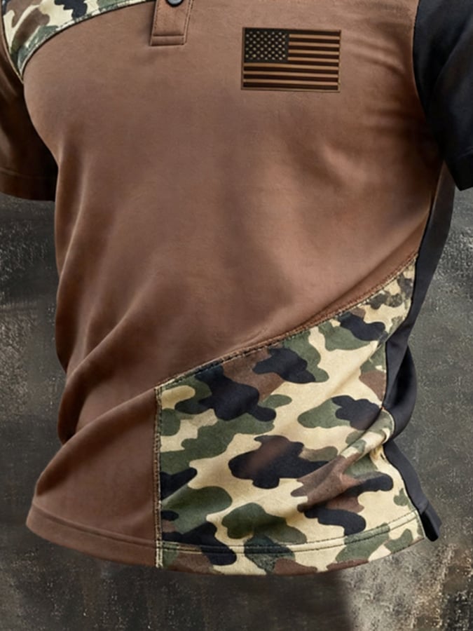 Men's Retro Patriotic Color-Block Short-Sleeve Polo Shirt