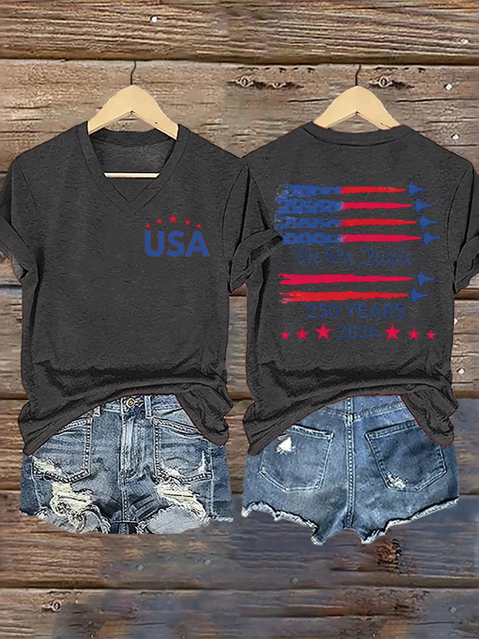 Women'S Casual Flag Printed V-Neck T-Shirt