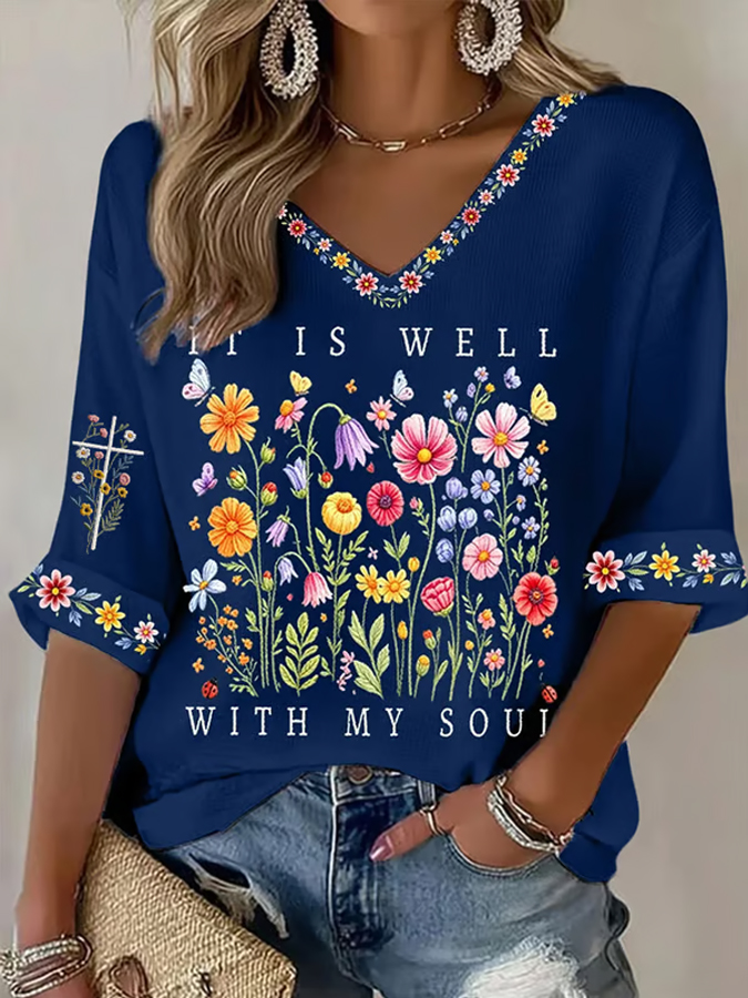 Women's Casual Faith & Floral Print T-Shirt