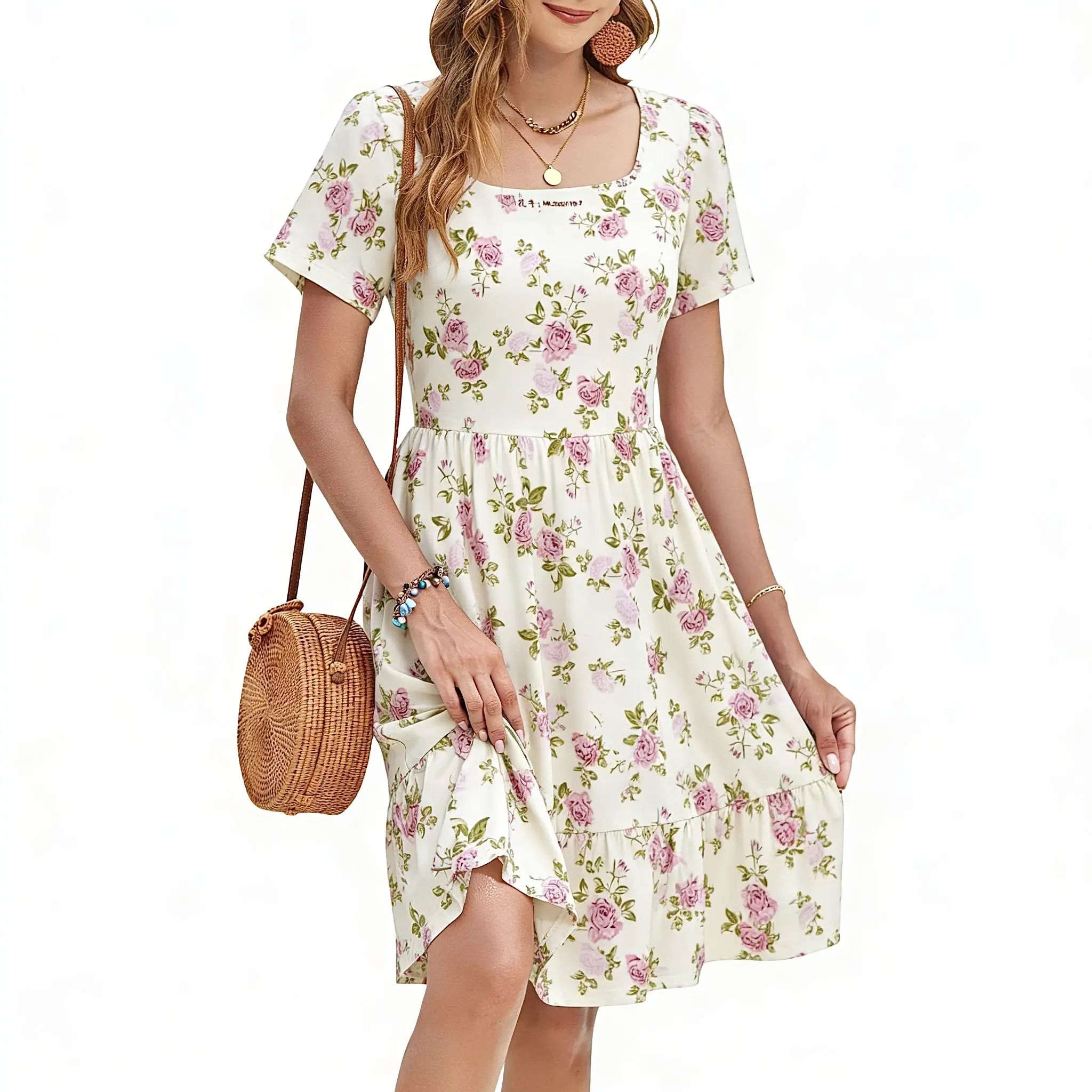 Women’s Square Neck Ruffle Summer Dress with Pockets