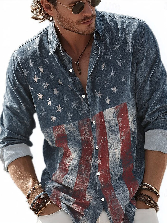 Men'S Retro Independence Day Flag Printed Casual Shirt