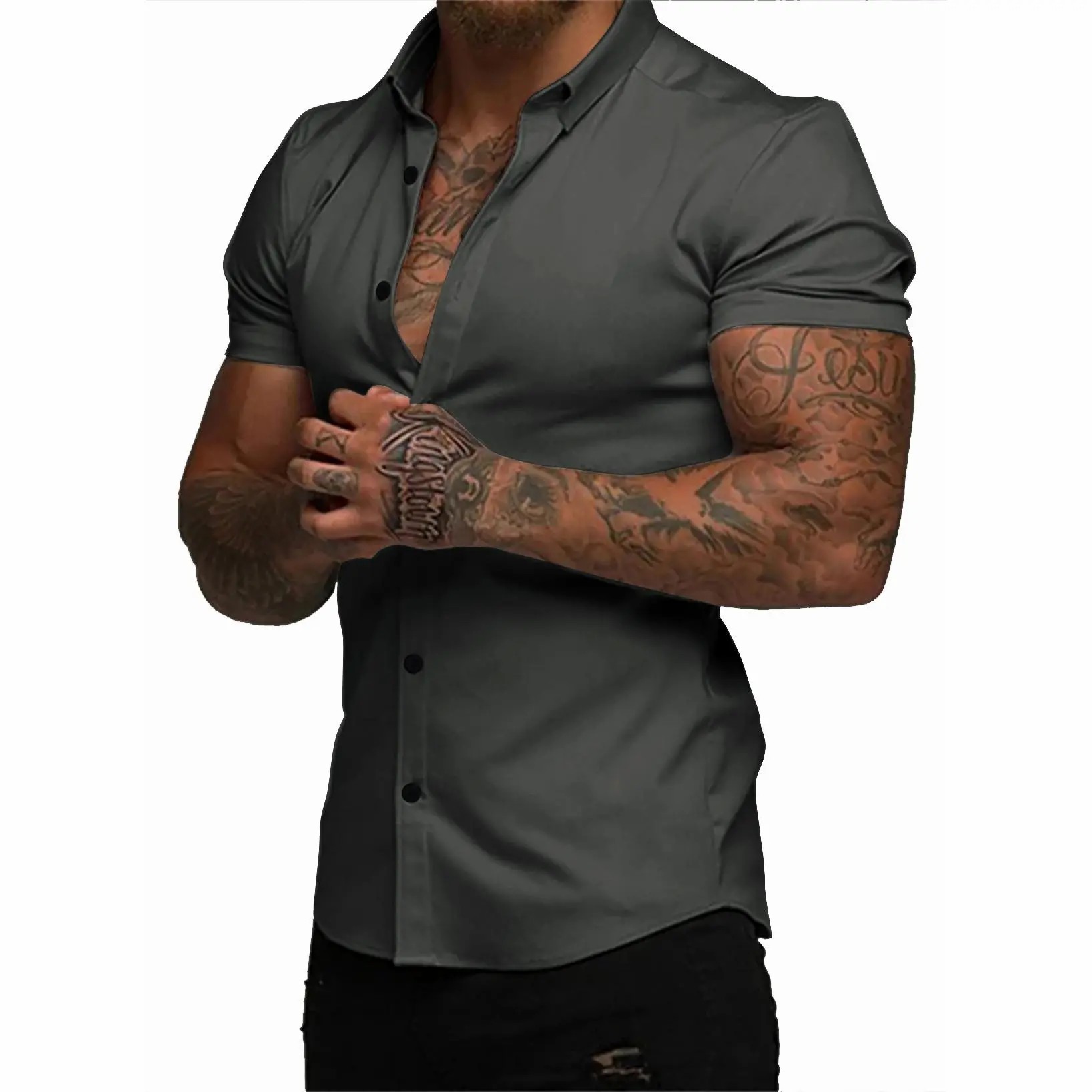 Men's Muscle Fit Short Sleeve Dress Shirt – 4-Way Stretch, Wrinkle-Free, Casual Button Down