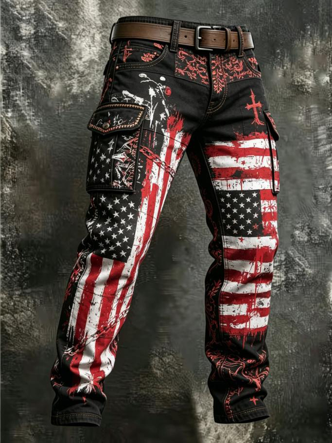 Men's Dark Art Cross Stars and Stripes Print Casual Cargo Pants