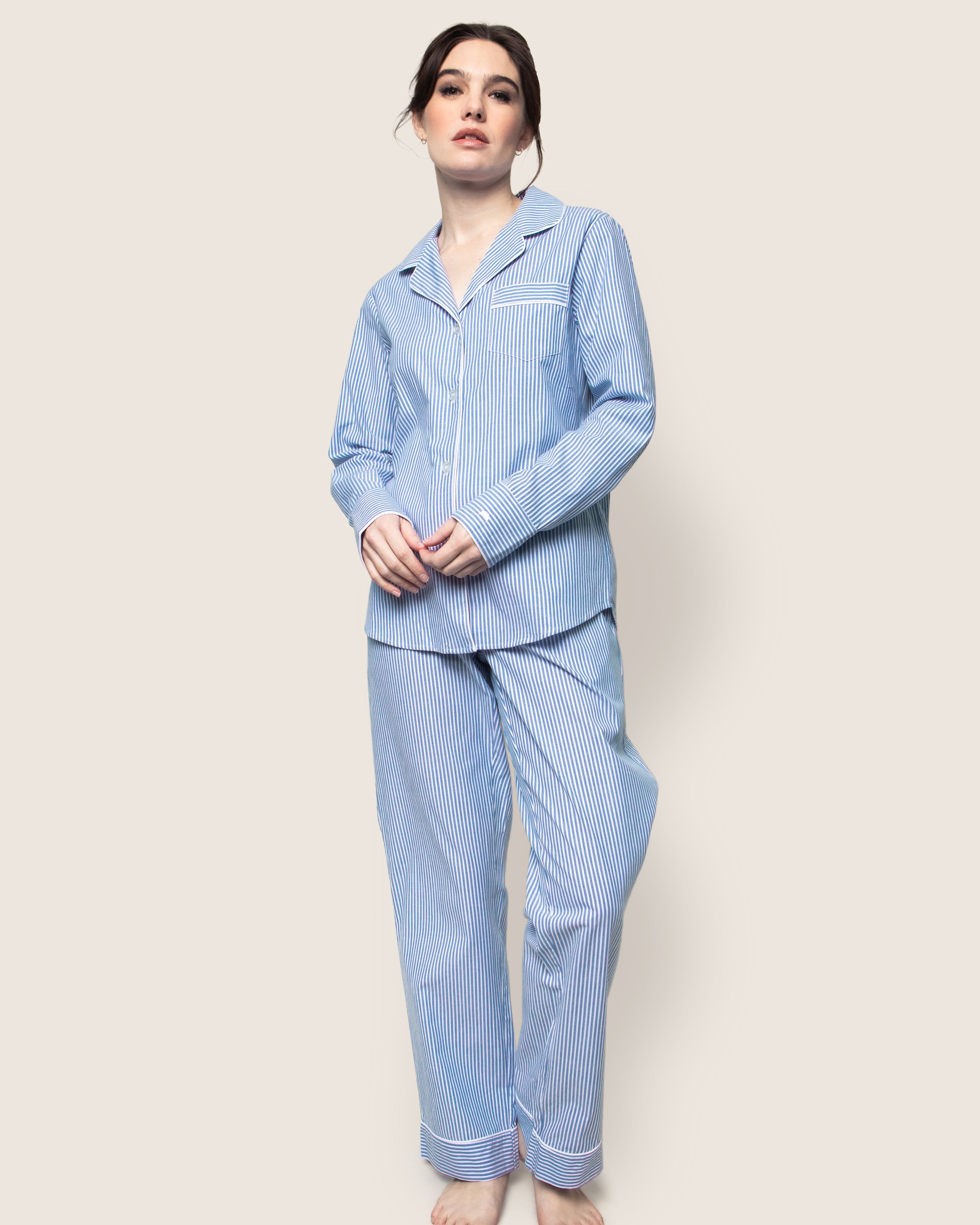 Women's Twill Pajama Set in French Blue Heritage Stripe