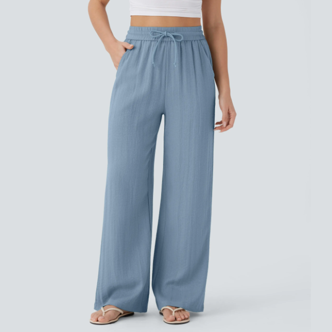 High Waisted Drawstring Pocket Wide Leg Baggy Casual Linen-Feel Pants