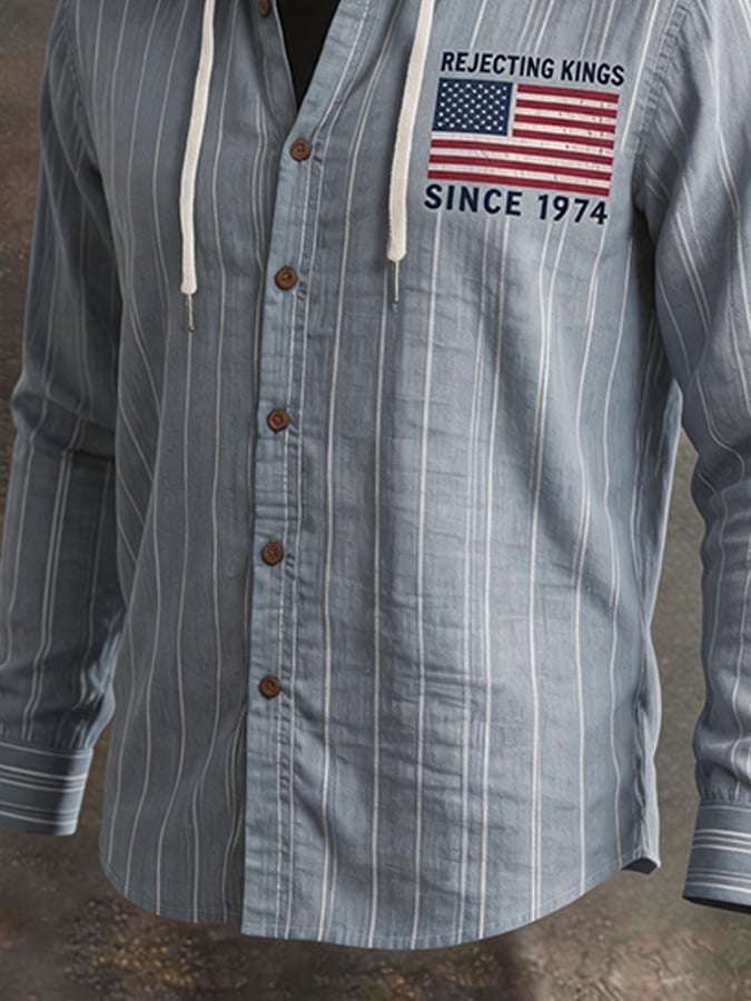 Men's Striped Linen Blend Hooded Long Sleeve Shirt, American Flag Print Casual Button-Down Top with Drawstring