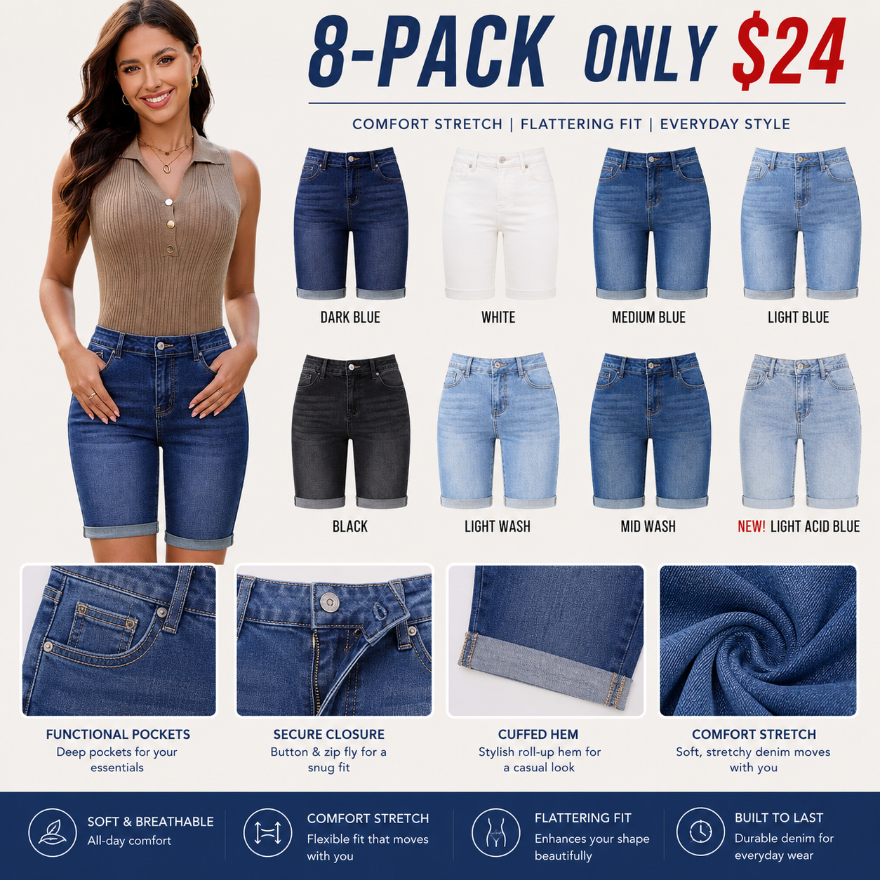 Bermuda Jean Shorts for Women Knee Length High Waisted