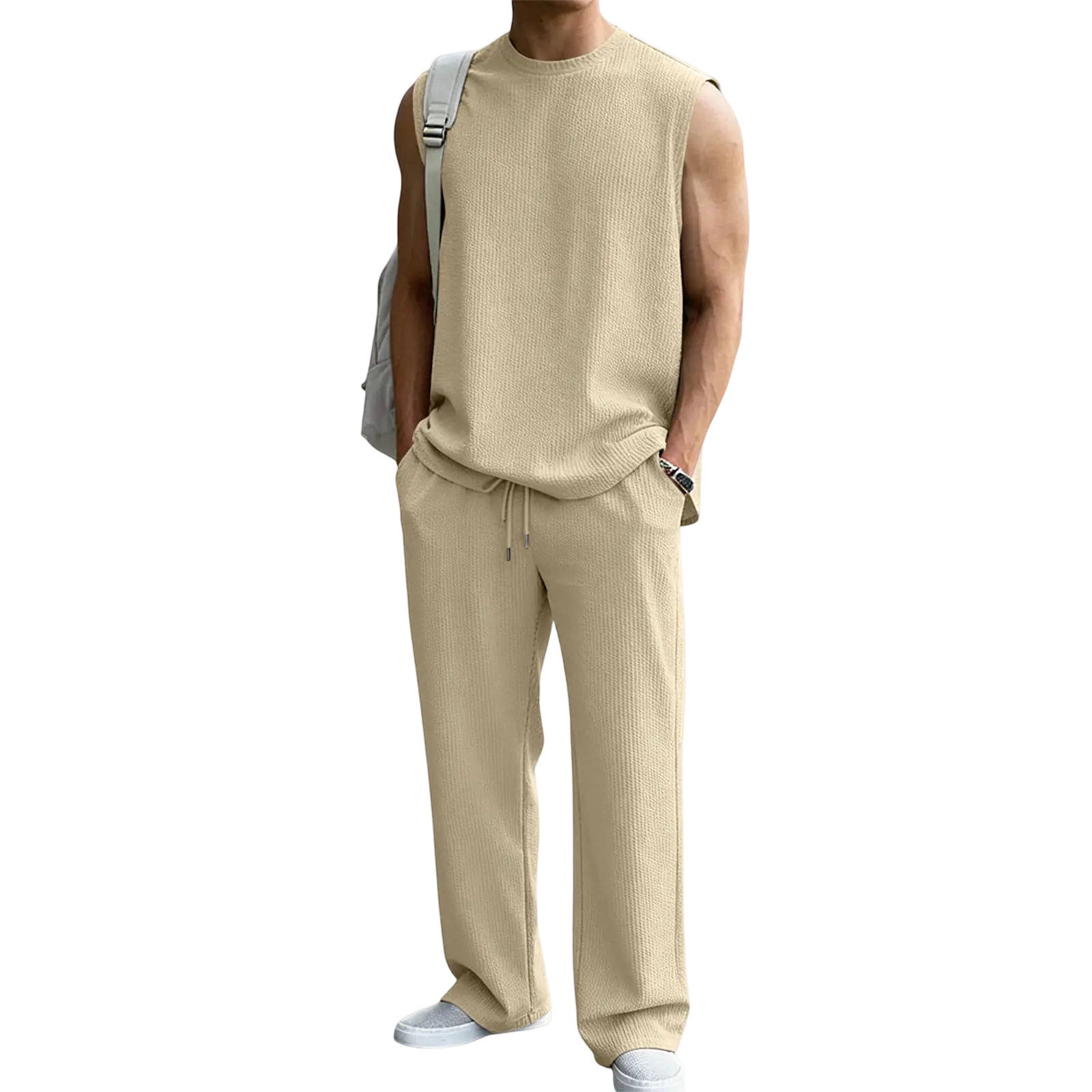 Mens 2 Piece Rib Knit Sweatsuit Summer Sleeveless Tank