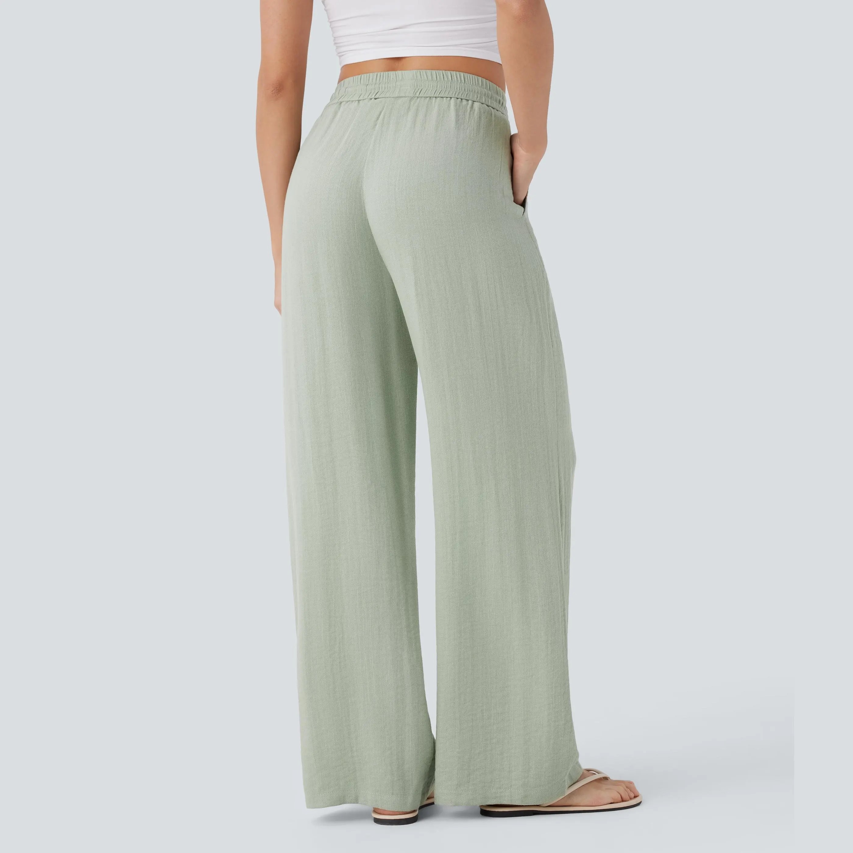 【Creator’s Pick】Halara High Waisted Drawstring Pocket Wide Leg Casual Linen-Feel Pants