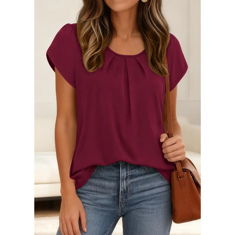 Women's Basic Crew Neck T-Shirt with Pleats