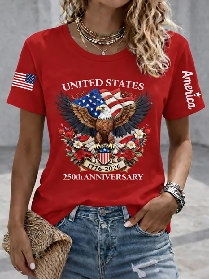 Ladies' Casual US National Day Flag Embroidered Printed Short Sleeved Round Neck T-Shirt