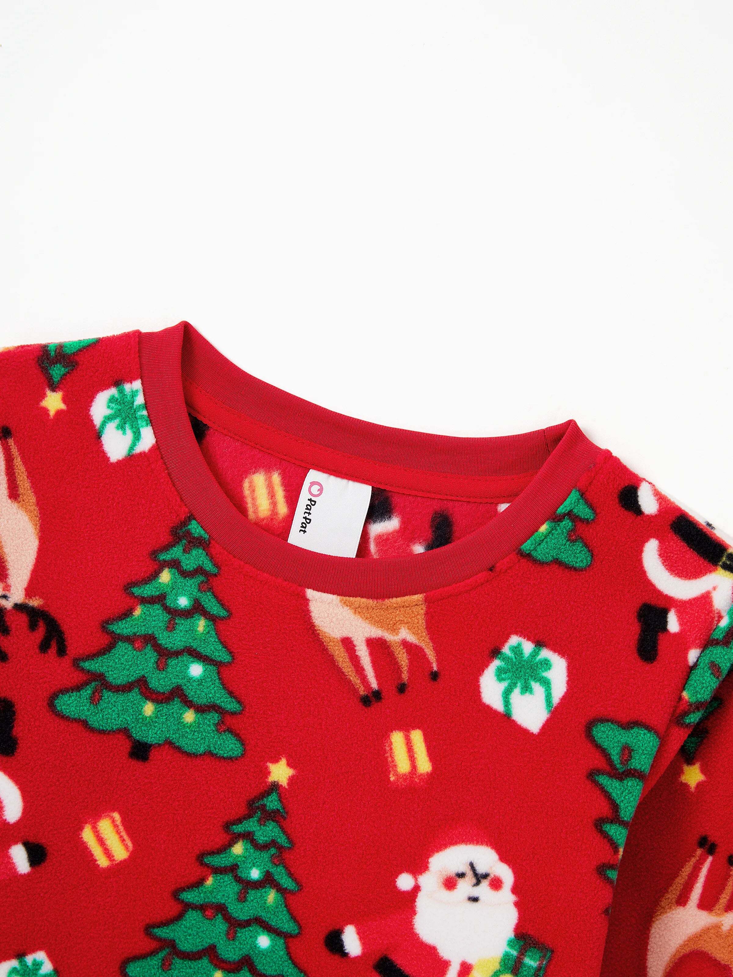 Christmas Matching Family Pajamas Set Santa Claus and Christmas Tree Print Red Fleece PJS with Christmas Socks Red