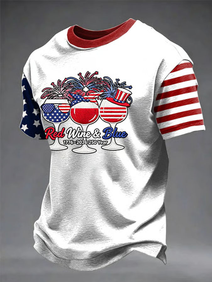 Men's Retro 1776–2026 250 Year Red Wine & Blue Printed Top