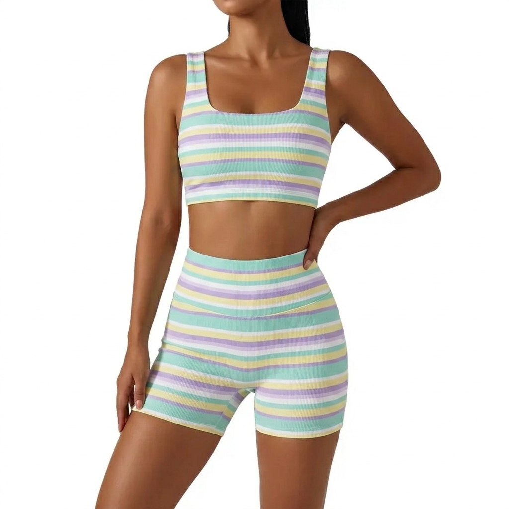 Women’s Rainbow Stripe 2 Piece Workout Set Sleeveless Crop Tank Top High Waist Biker Shorts Matching Lounge Outfit
