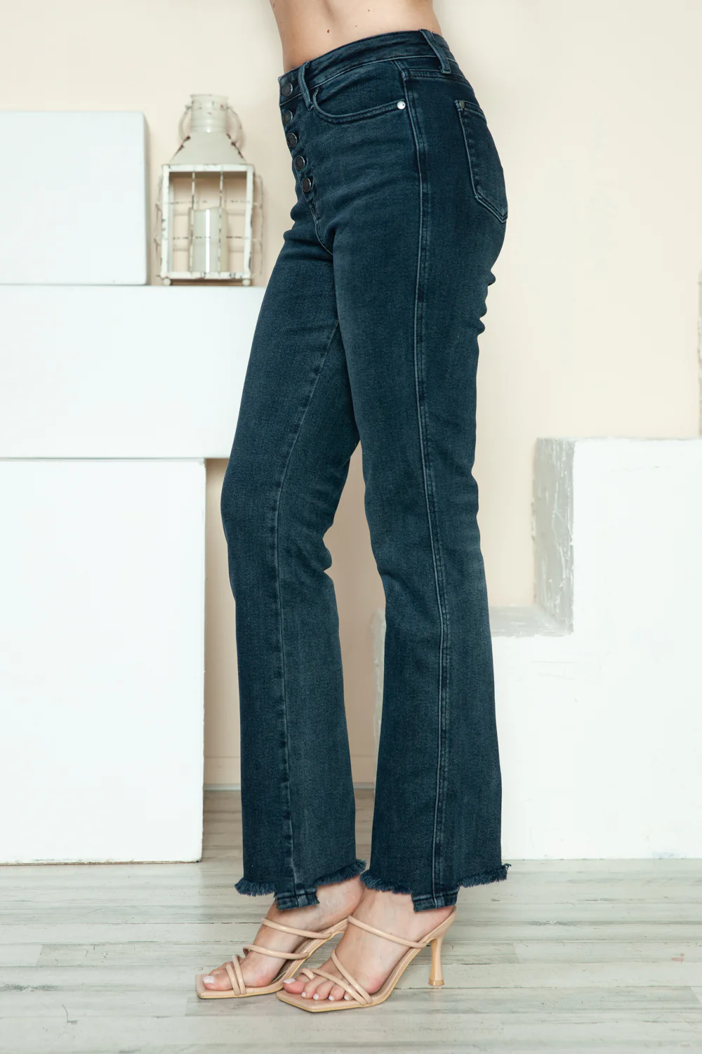 Blue Full Size Button Fly Hem Destroy Straight Jeans