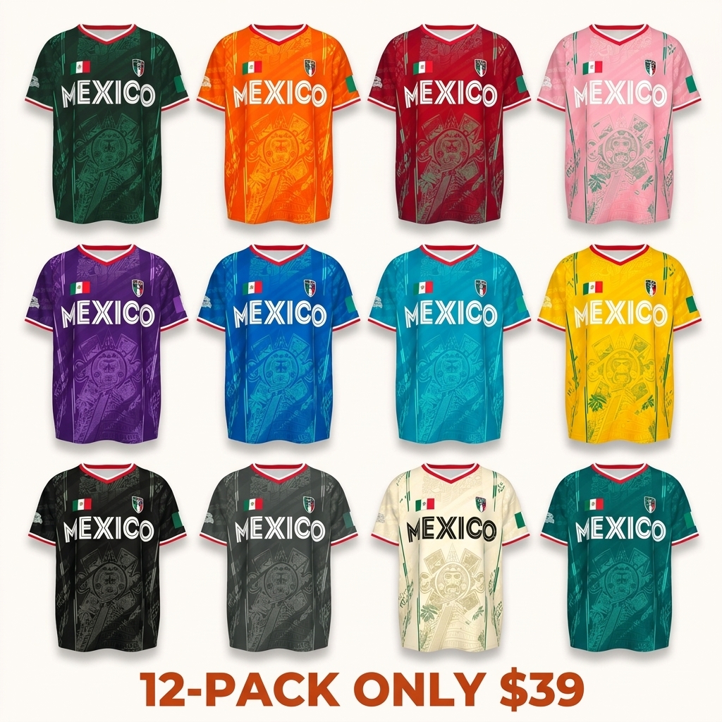 2026 Mexico soccer jersey—a retro-style shirt featuring a pattern of the Chichén Itzá pyramid