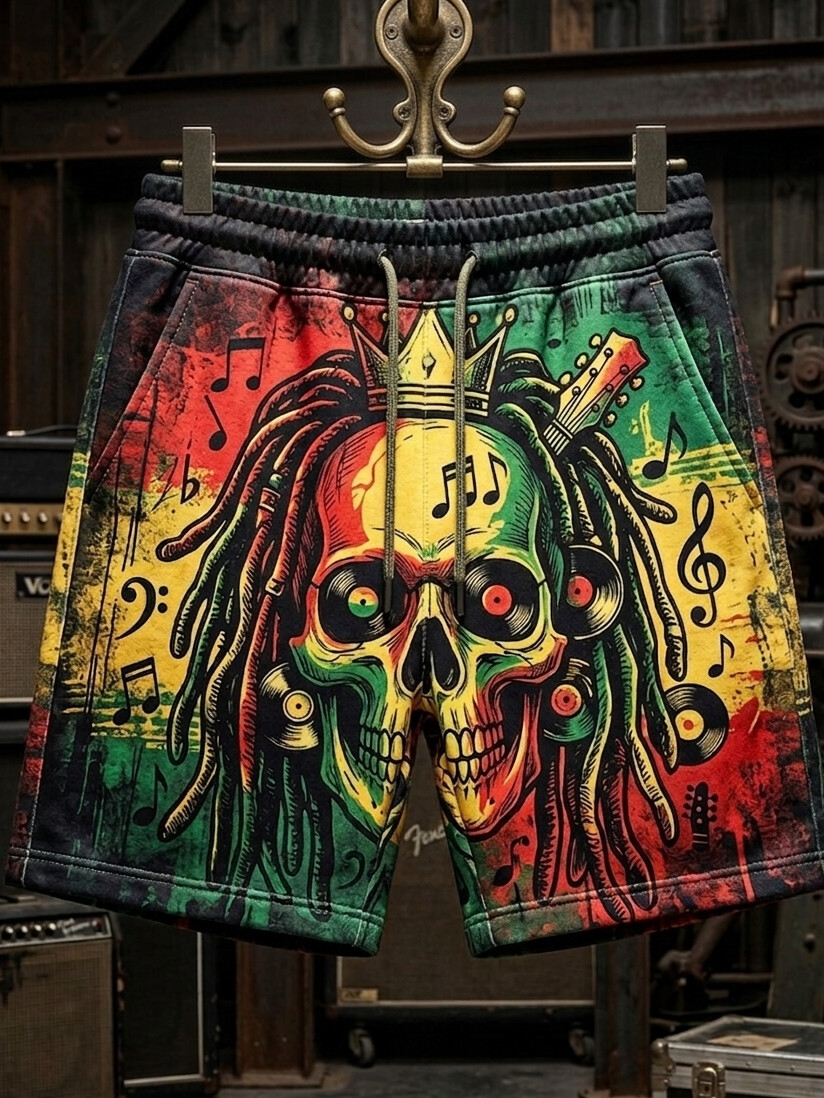 Men's Reggae Skull And Music Note Tie-Dye Art Print Casual Shorts