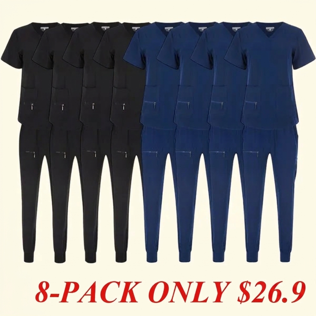 Women's Stretch Jogger Scrubs Set Solid V-Neck Nursing Uniform Quick Dry Breathable