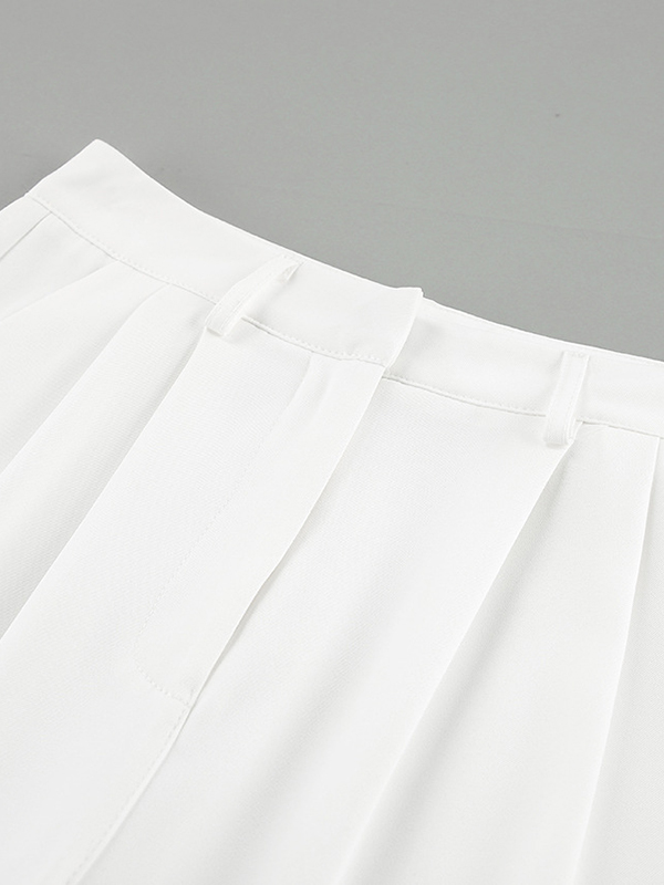 No Belt Pleated Pockets Solid Color High Waisted Loose Trousers Suit Pants