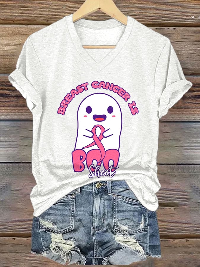 V-neck Retro Breast Cancer Awareness Breast Cancer Is Boo Sheet Halloween Ghost Print T-Shirt