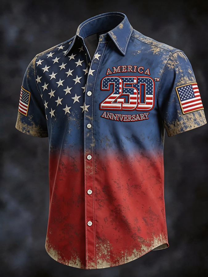 America 250th Anniversary Distressed Gradient Short Sleeve Button Up Shirt