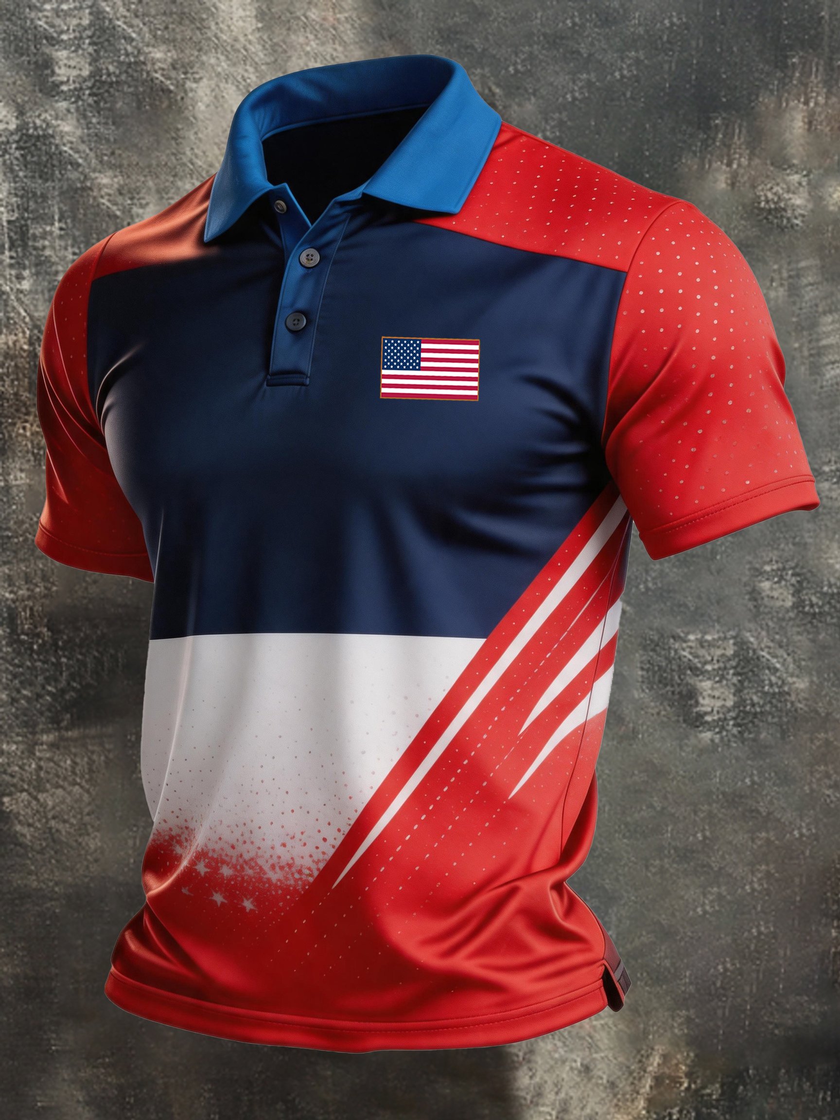 Men's Retro Patriotic Color-Block Short-Sleeve Polo Shirt