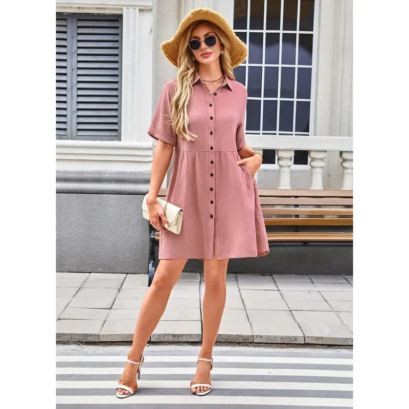 Women's Short-Sleeve Button-Front Textured Mini Dress – Loose, Flowy, Non-Clinging Fit with Pockets