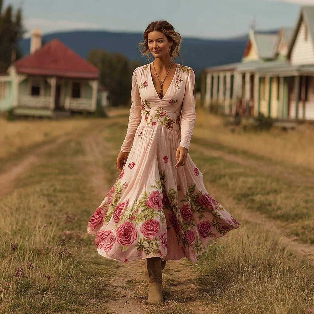 Vintage Boho Roses Print V Neck Flowy Linen Maxi Dress