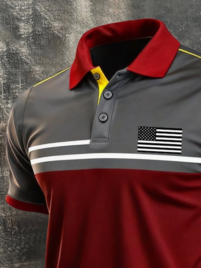 Men's Retro Patriotic Color-Block Short-Sleeve Polo Shirt