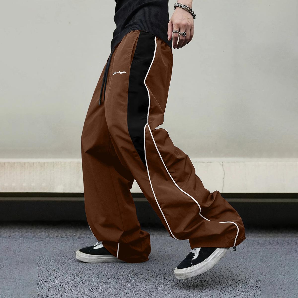 Men's High-Street Style Color-Block Spliced ​​Wide-Leg Pants with Side Stripes and Drawstrings
