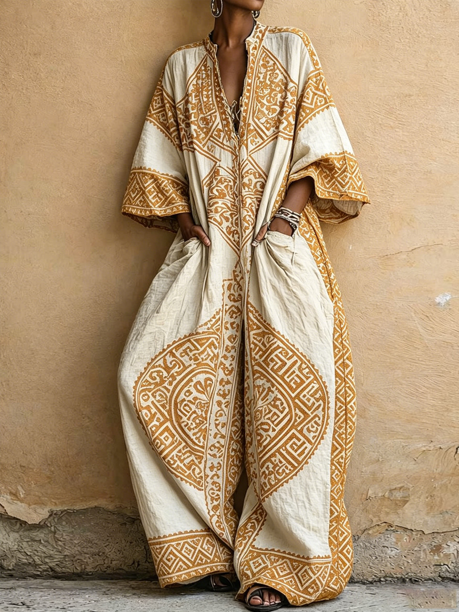 Women's Vintage-Print V-Neck 3/4-Sleeve Cotton-Linen Jumpsuit