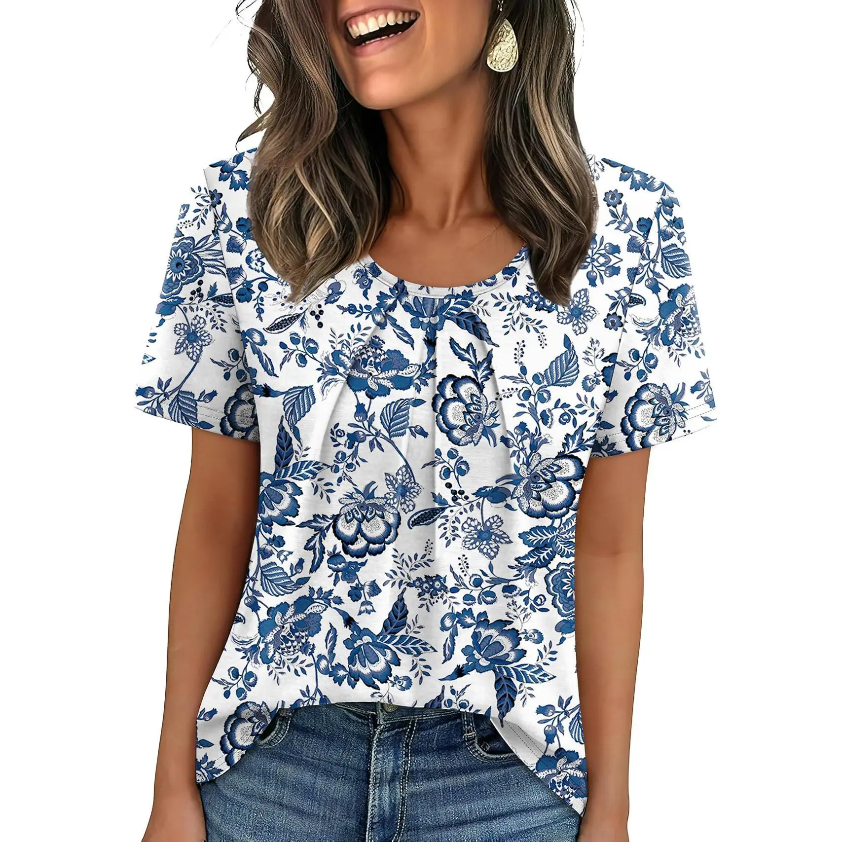 Women T Shirts Pleated Short Sleeve Tops Business Casual Dressy Blouses Crewneck Boho