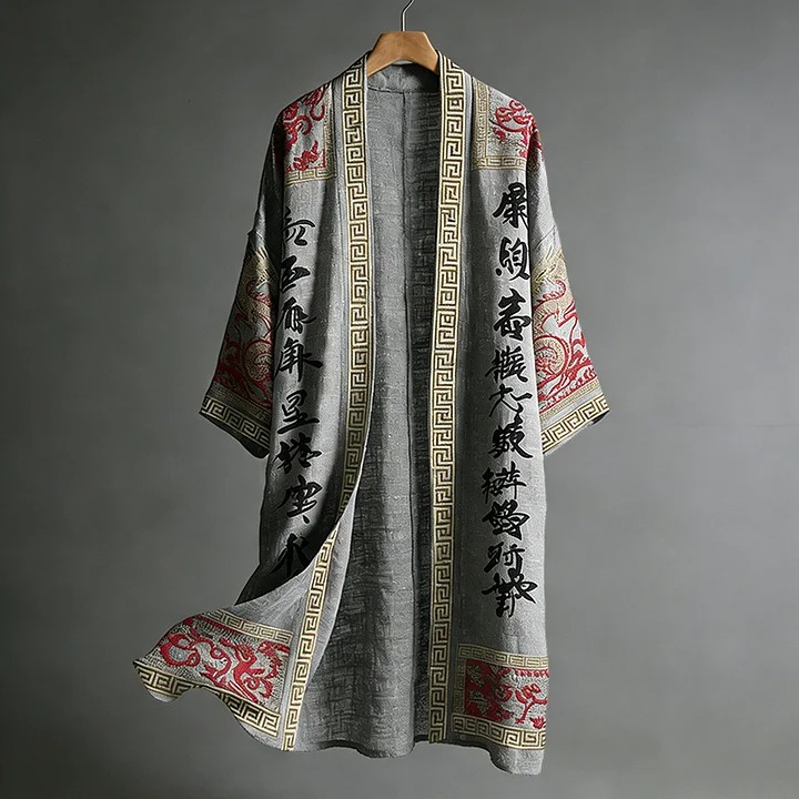 Men's Casual Dragon Pattern Calligraphy And Painting Art Linen Long Kimono