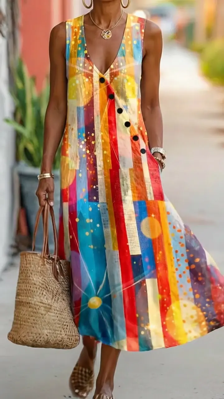 Women's Colorful Carnival Texture Print Button Sleeveless V-neck Dress