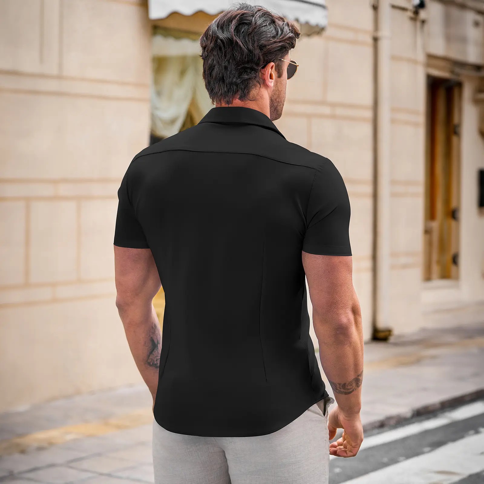 Men's Muscle Fit Short Sleeve Dress Shirt – 4-Way Stretch, Wrinkle-Free, Casual Button Down
