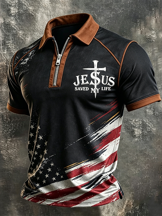 Men's Jesus Saved My Life USA Flag Christian Zip Polo Shirt