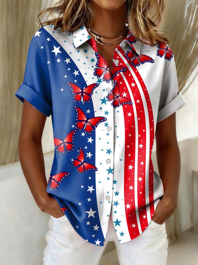 Women'S Independence Day Patriotic American Flag 250Th Anniversary Button Short Sleeve Shirt
