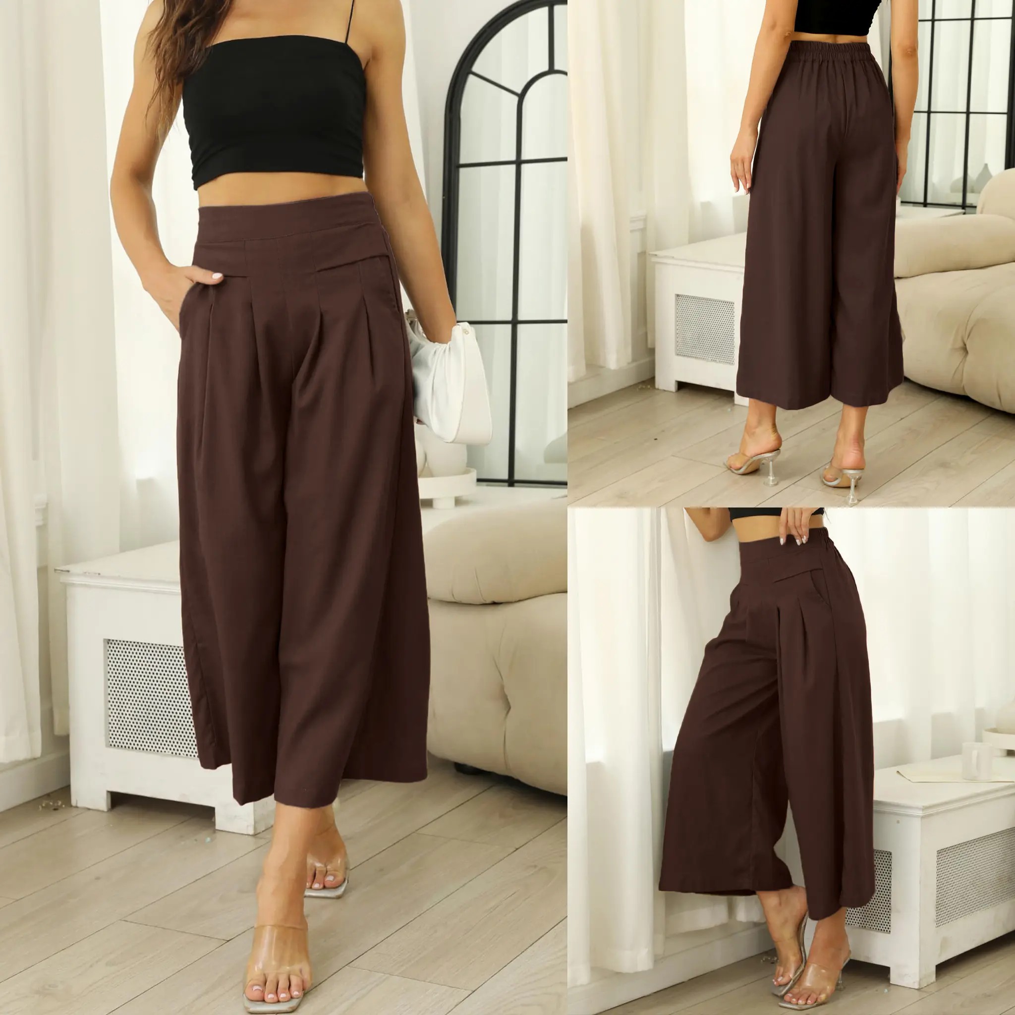 Women's Cotton Linen Wide Leg Culottes – Elastic Waist, Pockets, Minimalist Casual Capri Pants