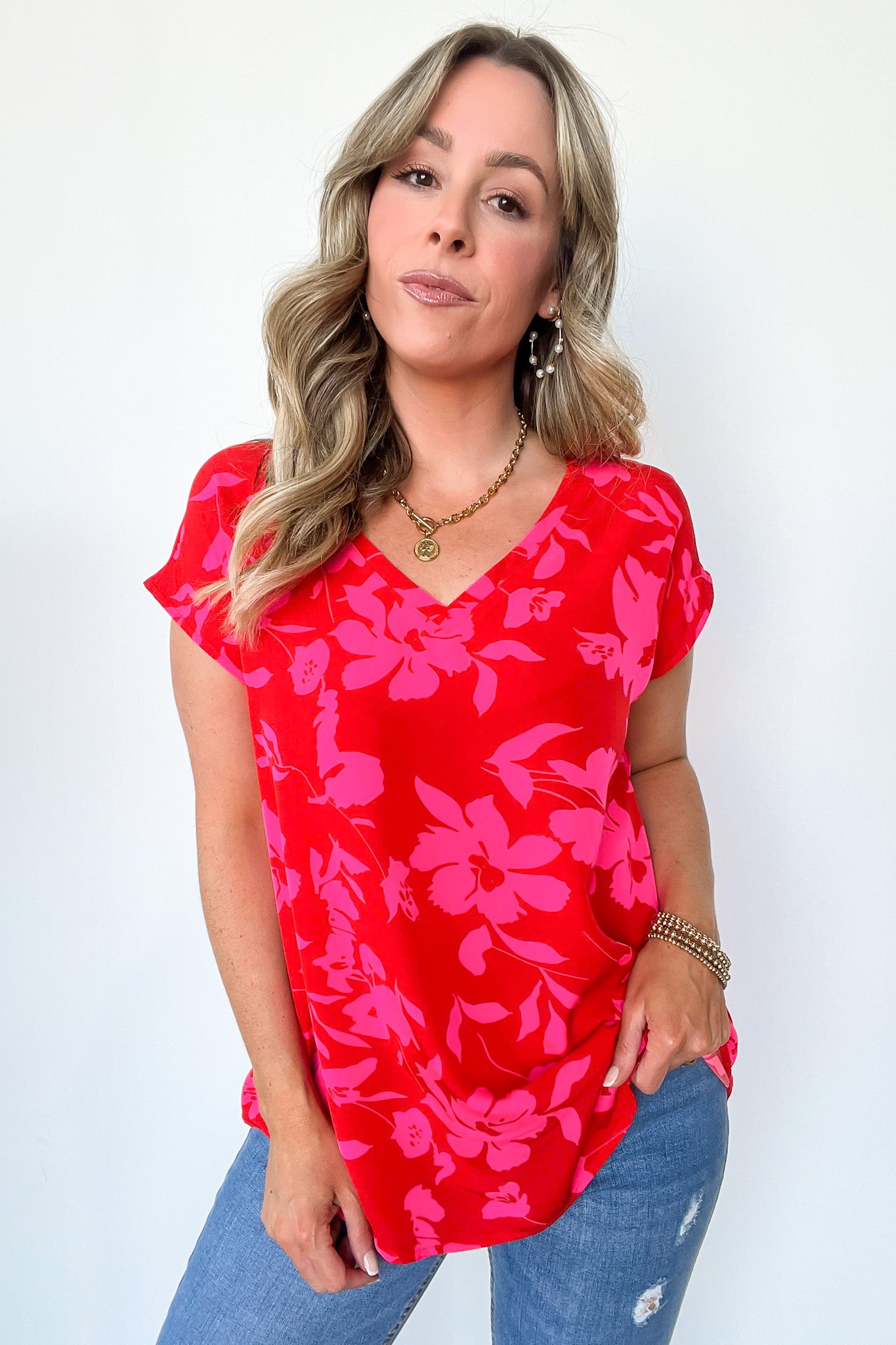 V-Neck Floral Cap Sleeve Top