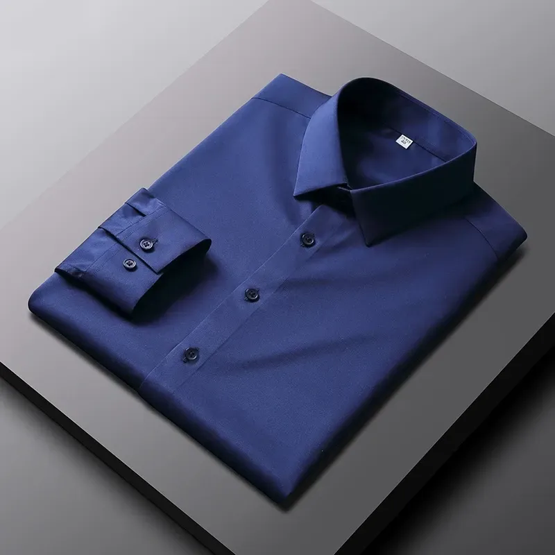 2025 New Elastic Silk White Shirt Men'S Long Sleeve Iron-Free Solid Color Breathable Casual Slim Business Men'S Shirt