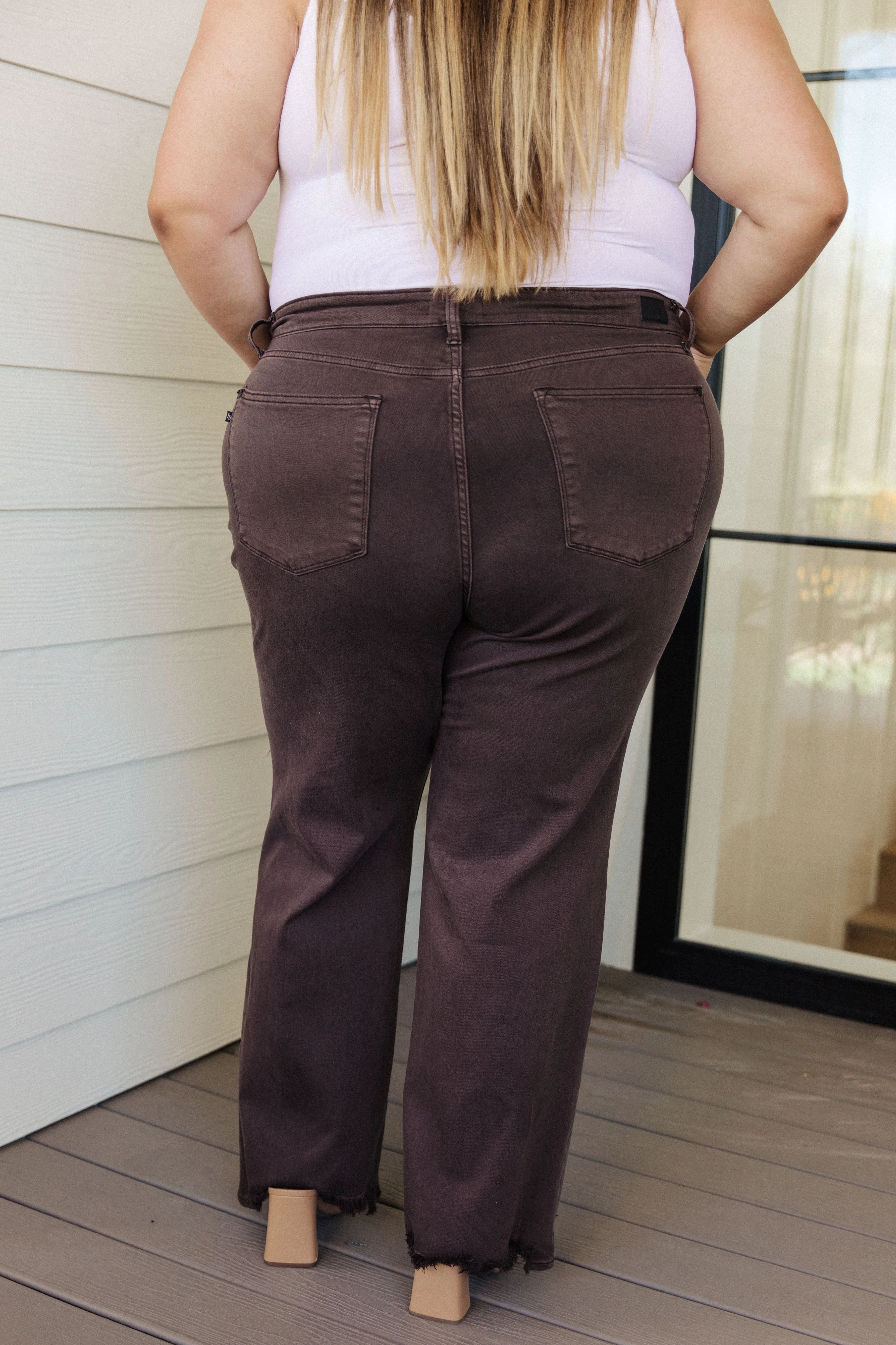 Blue Sybil High Rise Frayed Hem 90's Straight Jeans in Brown