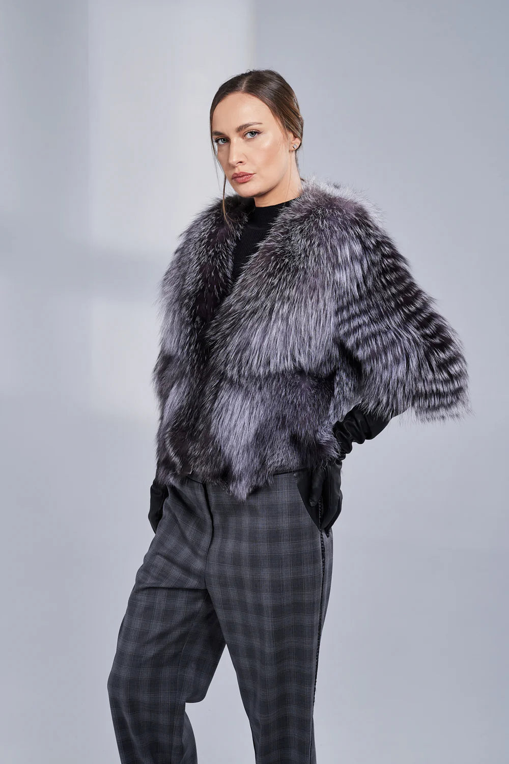 Haină din Blană Naturală de Vulpe, Femei, Silver 267