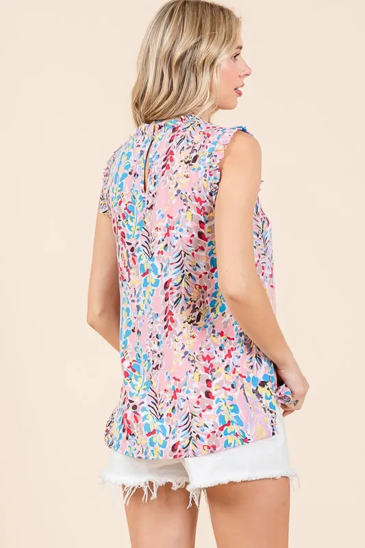 Ruffle Trim Mock Neck Sleeveless Top in Pink
