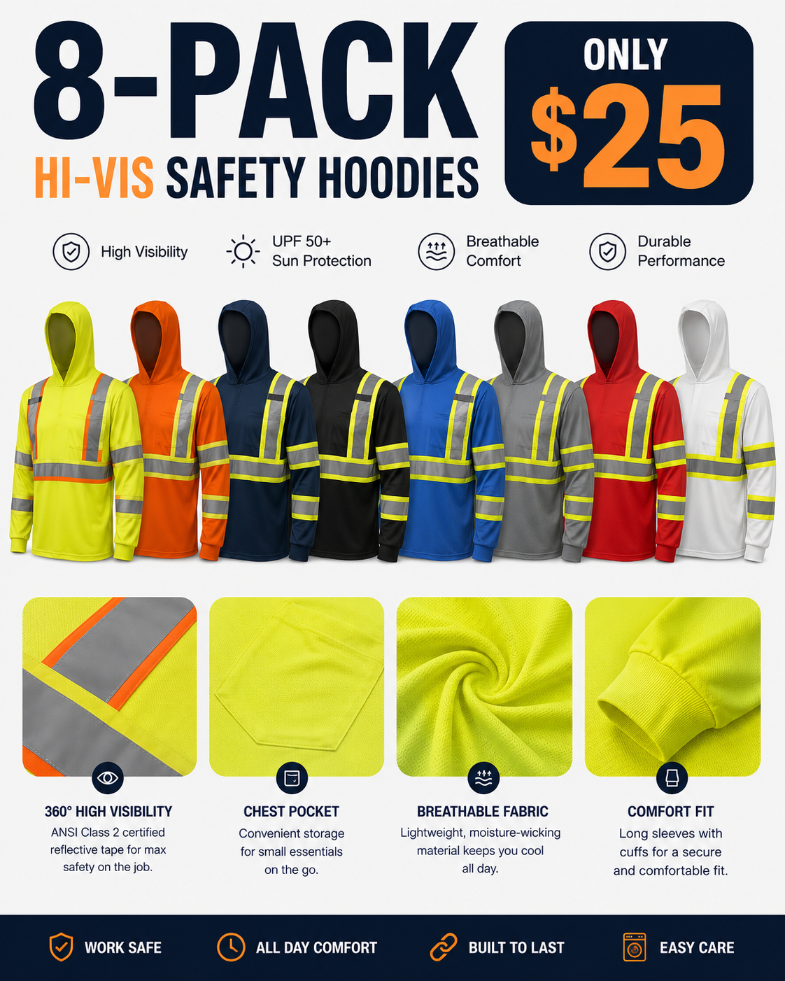 🔥🔥High Visibility Hoodie Long Sleeve Safety Shirt with hoodie Polyester Birdeye Mesh in various color