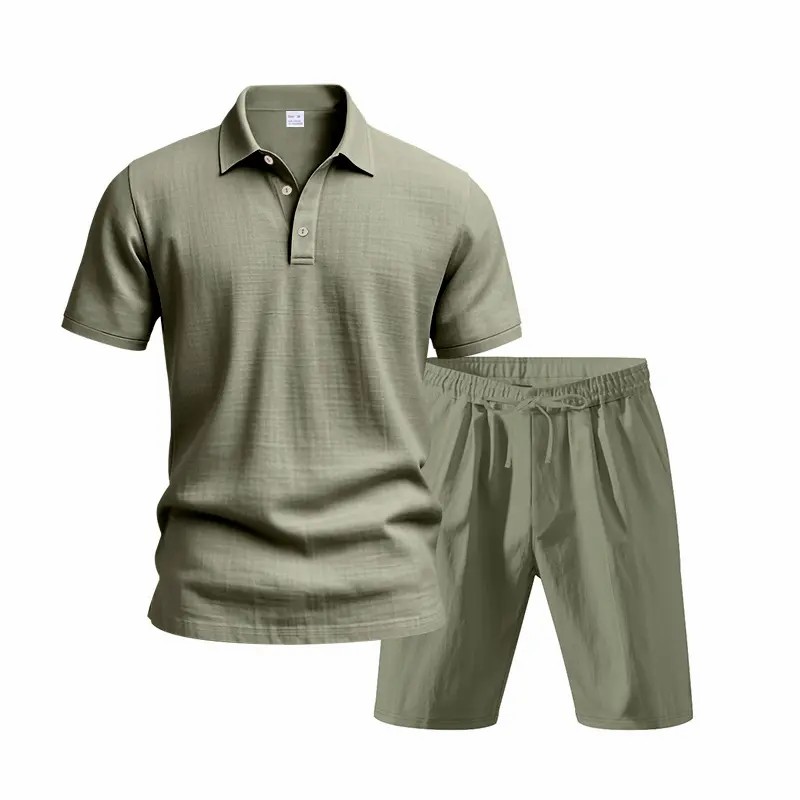 Men’s Linen Beach Two Piece Set, Casual Short Sleeve Button Down Shirt and Loose Long Pants Set