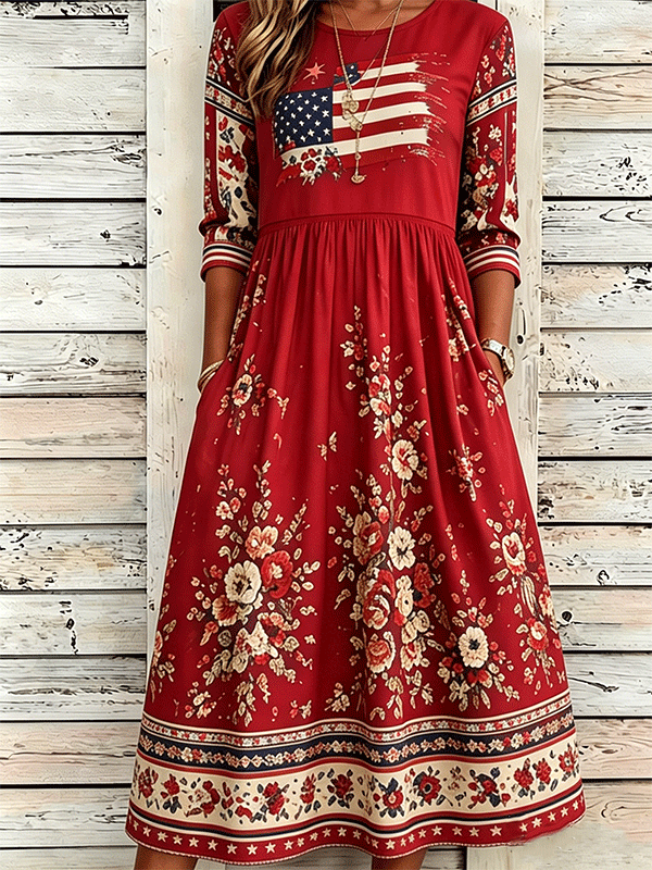 Women's Vintage American Flag Floral Print Midi Dress